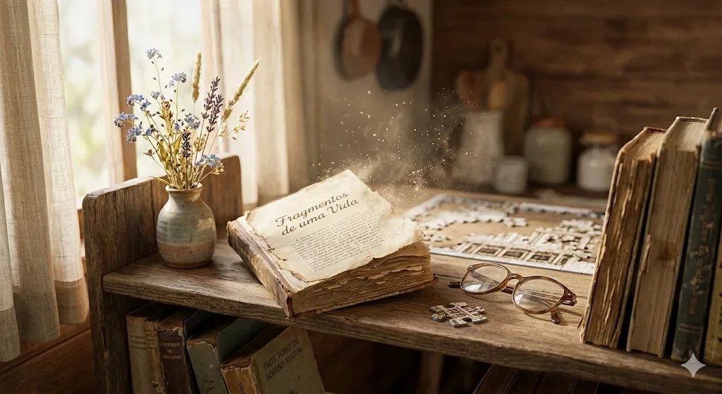Fotografia rústica e aconchegante de um livro antigo aberto em uma mesa de madeira, revelando o título "Fragmentos de uma Vida". Partículas luminosas flutuam do livro, acompanhado por um vaso com flores secas, óculos de leitura, peças de quebra-cabeça e uma fileira de tomos antigos sob luz natural suave.